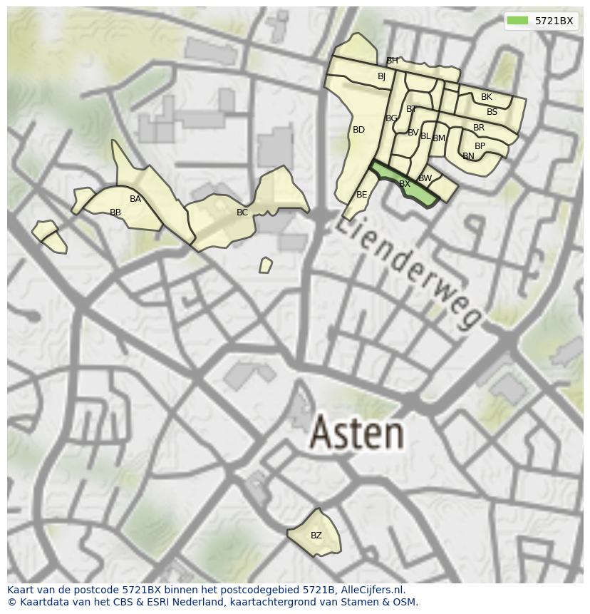 Afbeelding van het postcodegebied 5721 BX op de kaart.