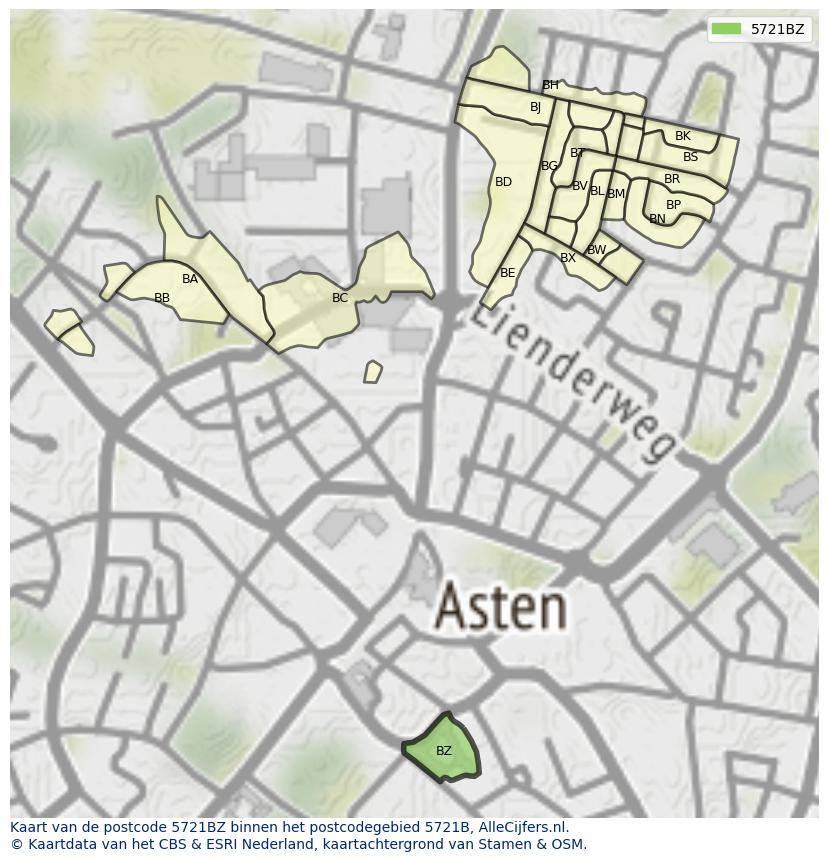 Afbeelding van het postcodegebied 5721 BZ op de kaart.