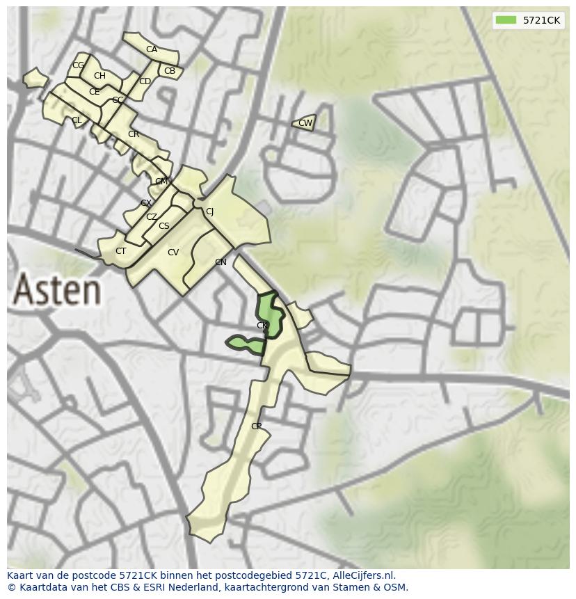 Afbeelding van het postcodegebied 5721 CK op de kaart.