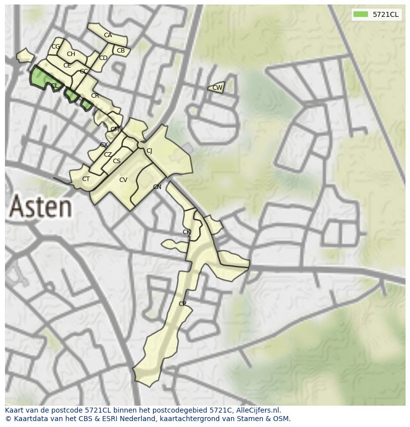 Afbeelding van het postcodegebied 5721 CL op de kaart.