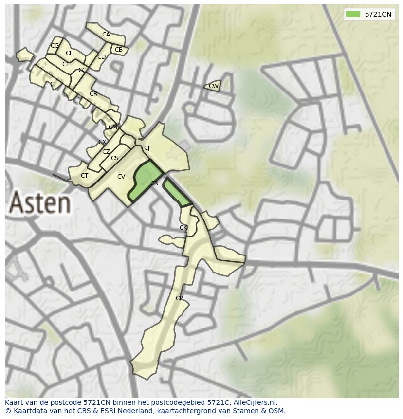 Afbeelding van het postcodegebied 5721 CN op de kaart.