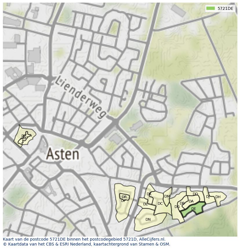 Afbeelding van het postcodegebied 5721 DE op de kaart.