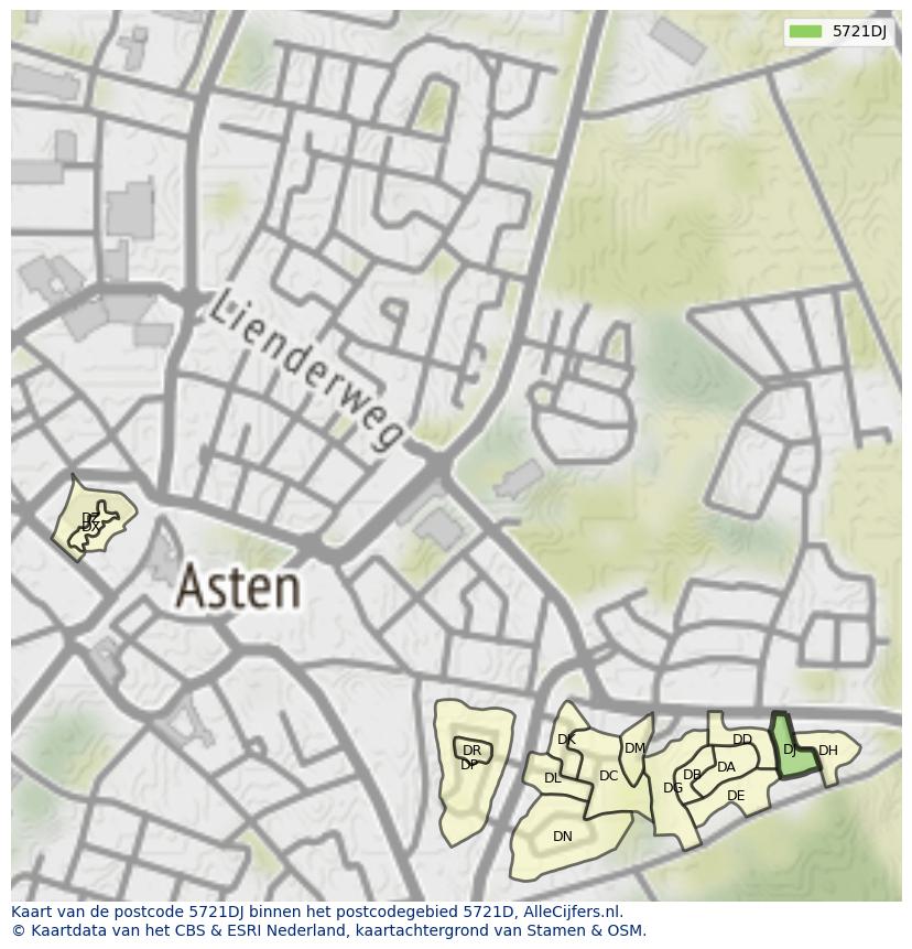 Afbeelding van het postcodegebied 5721 DJ op de kaart.