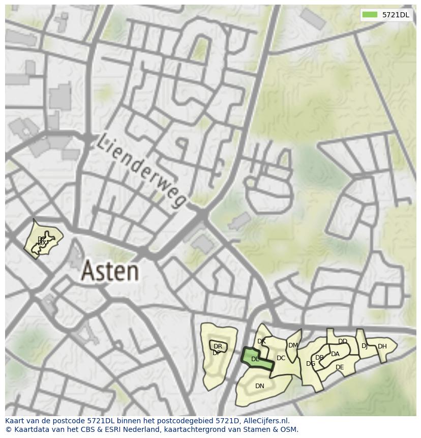 Afbeelding van het postcodegebied 5721 DL op de kaart.