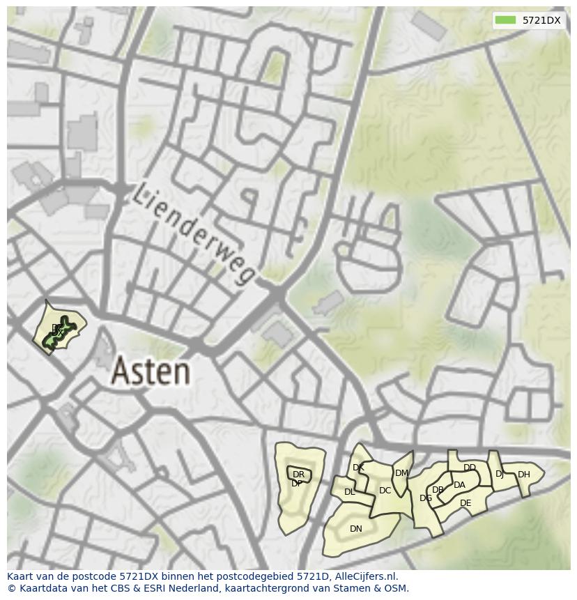 Afbeelding van het postcodegebied 5721 DX op de kaart.