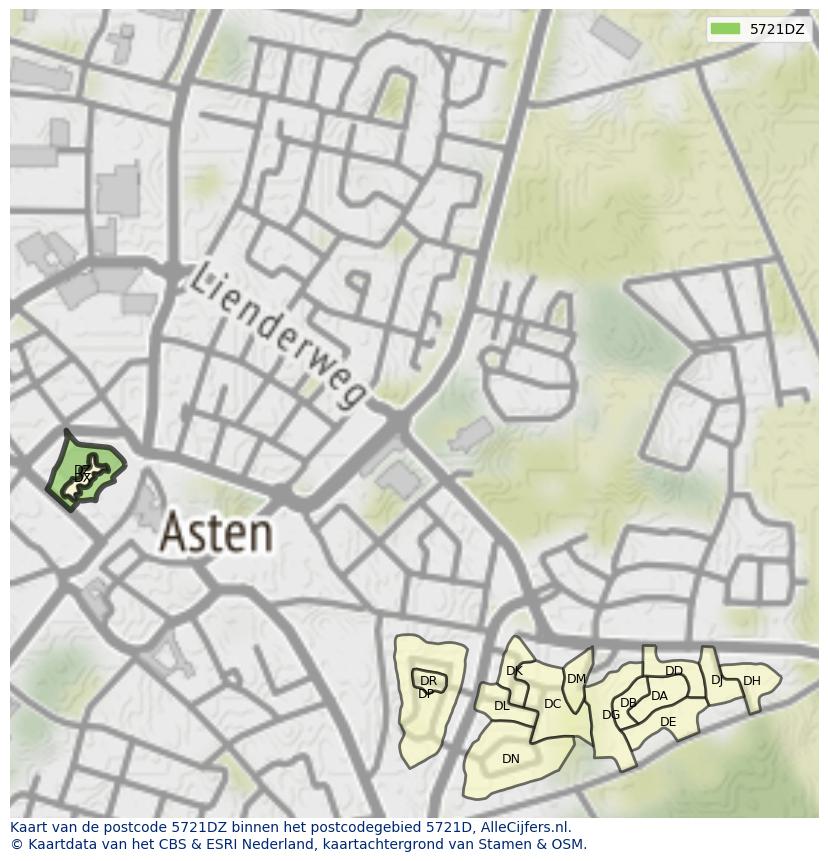 Afbeelding van het postcodegebied 5721 DZ op de kaart.