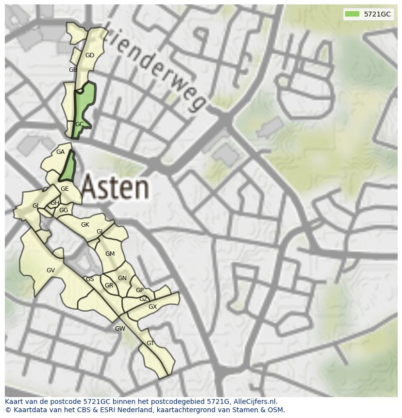 Afbeelding van het postcodegebied 5721 GC op de kaart.