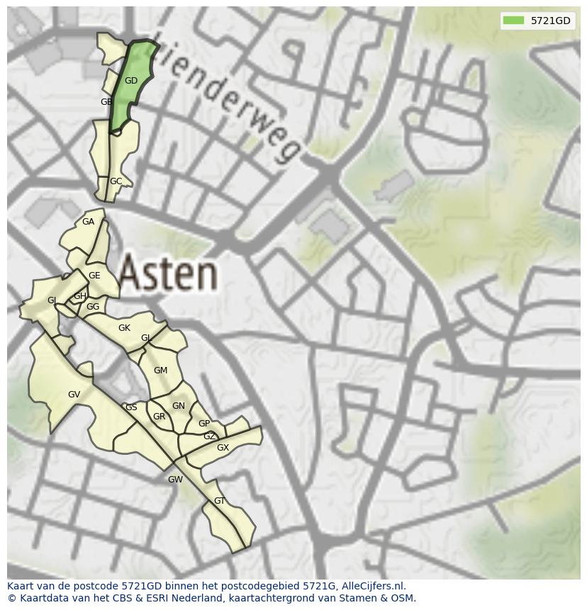 Afbeelding van het postcodegebied 5721 GD op de kaart.