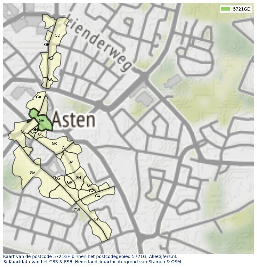 Afbeelding van het postcodegebied 5721 GE op de kaart.