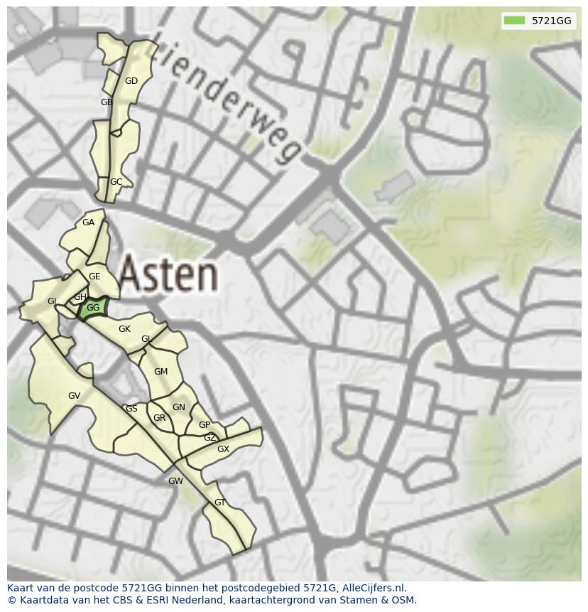 Afbeelding van het postcodegebied 5721 GG op de kaart.