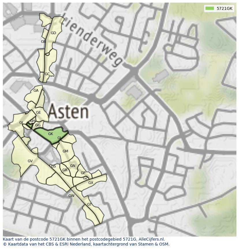 Afbeelding van het postcodegebied 5721 GK op de kaart.