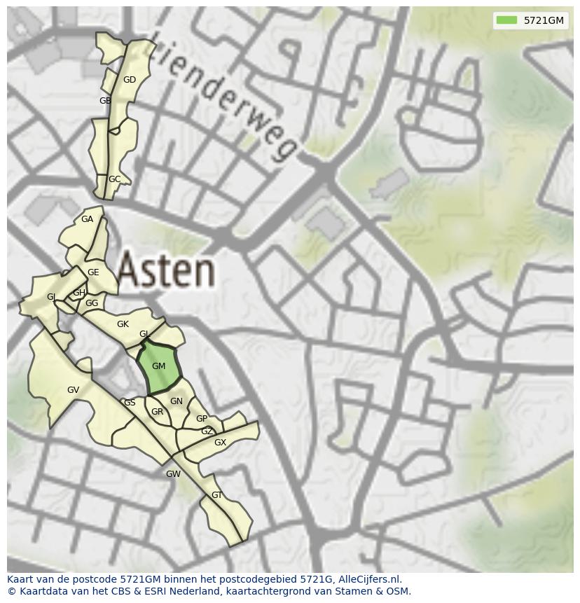Afbeelding van het postcodegebied 5721 GM op de kaart.