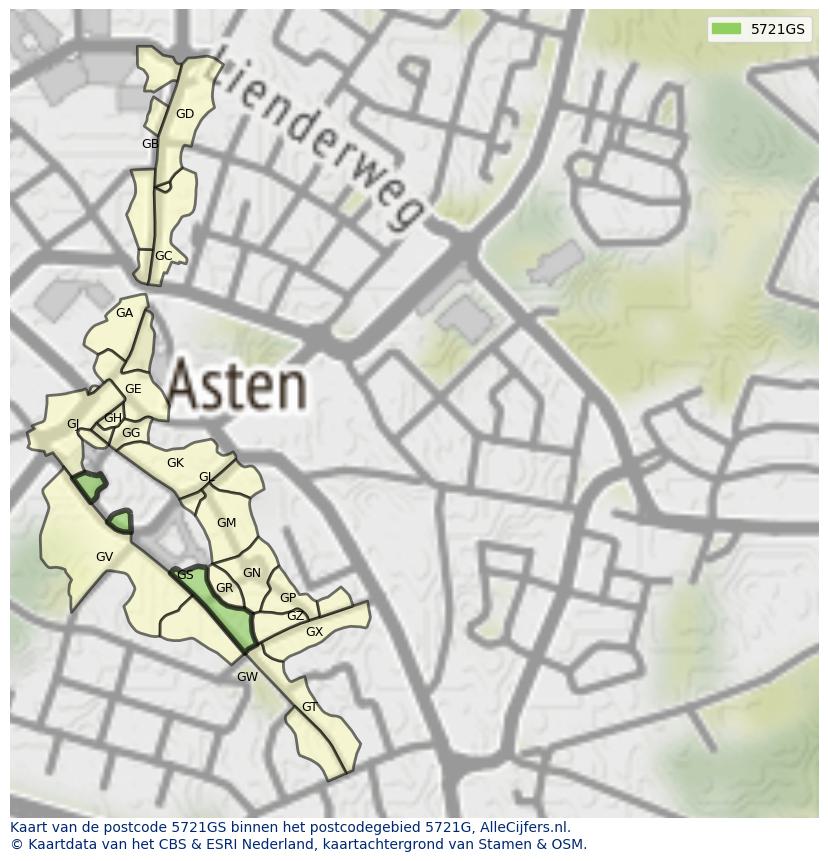 Afbeelding van het postcodegebied 5721 GS op de kaart.