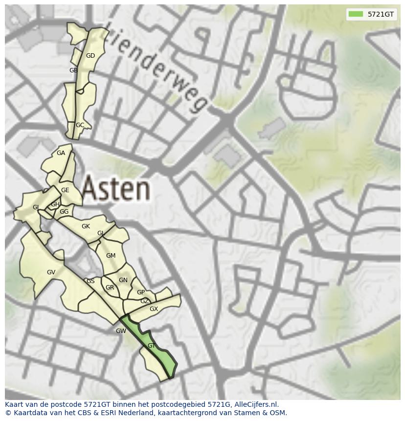 Afbeelding van het postcodegebied 5721 GT op de kaart.