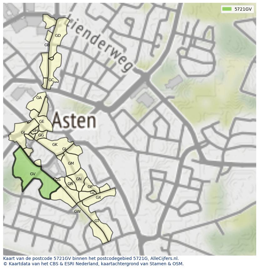 Afbeelding van het postcodegebied 5721 GV op de kaart.