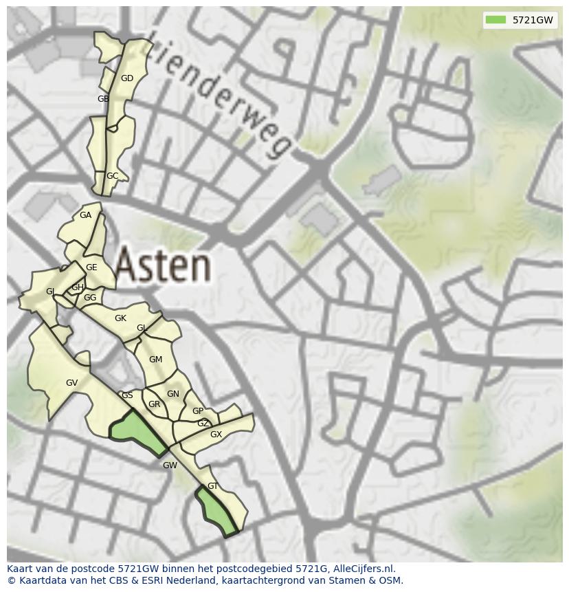 Afbeelding van het postcodegebied 5721 GW op de kaart.