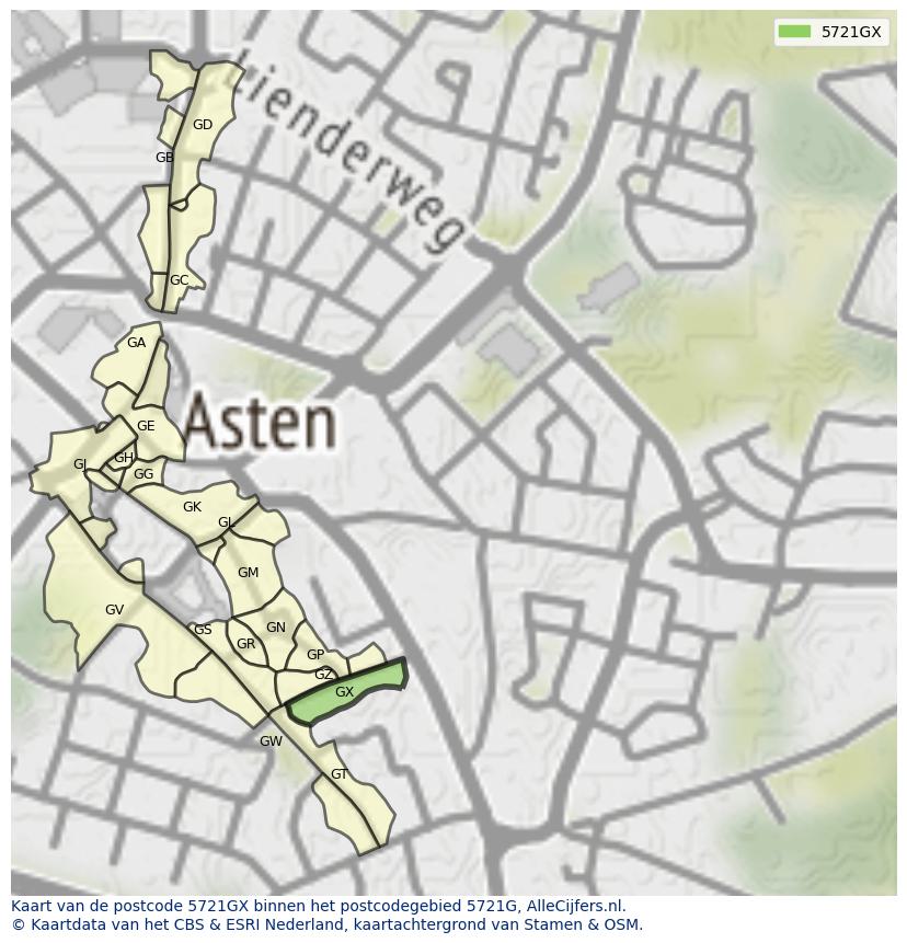 Afbeelding van het postcodegebied 5721 GX op de kaart.