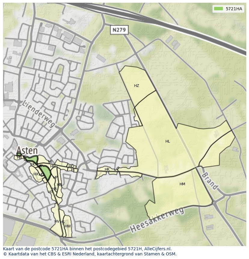 Afbeelding van het postcodegebied 5721 HA op de kaart.