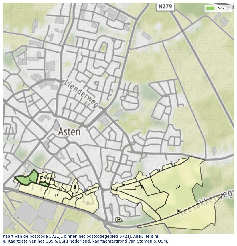Afbeelding van het postcodegebied 5721 JL op de kaart.