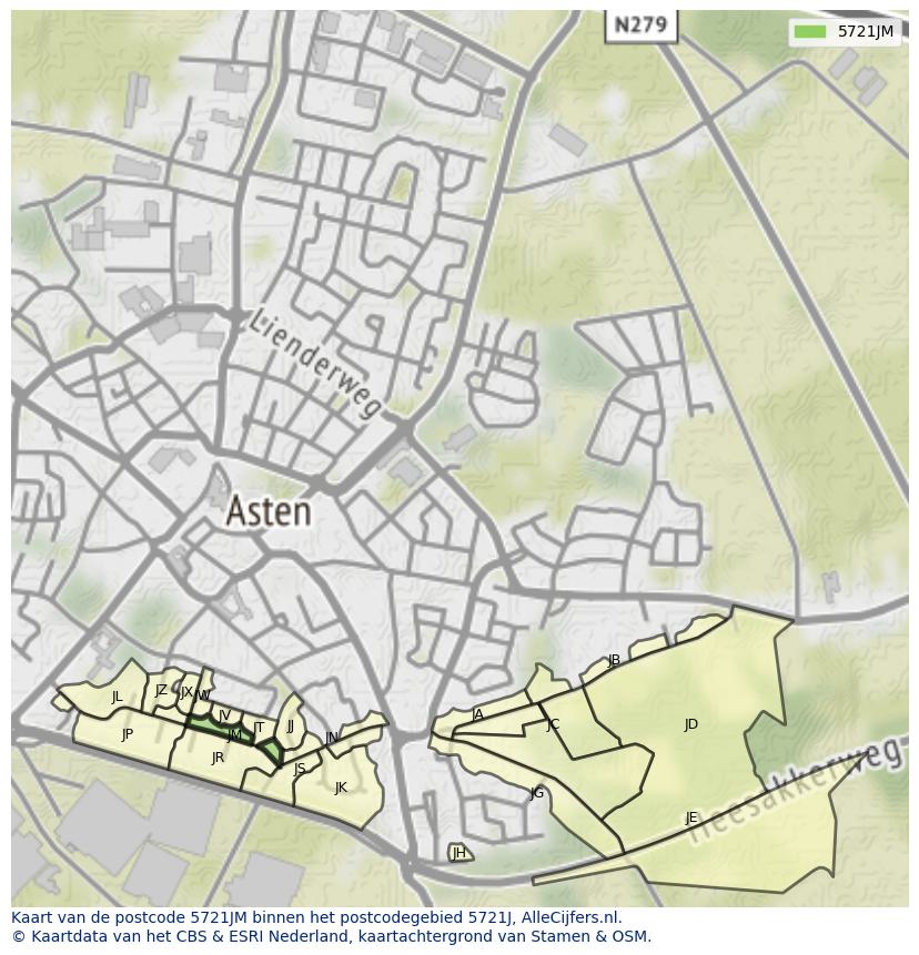 Afbeelding van het postcodegebied 5721 JM op de kaart.
