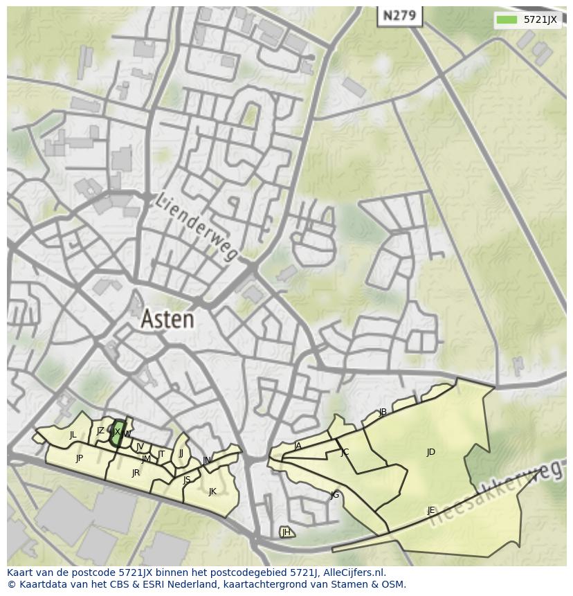 Afbeelding van het postcodegebied 5721 JX op de kaart.