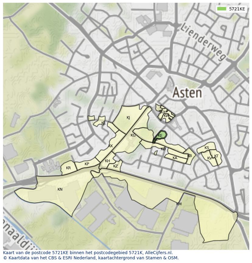 Afbeelding van het postcodegebied 5721 KE op de kaart.