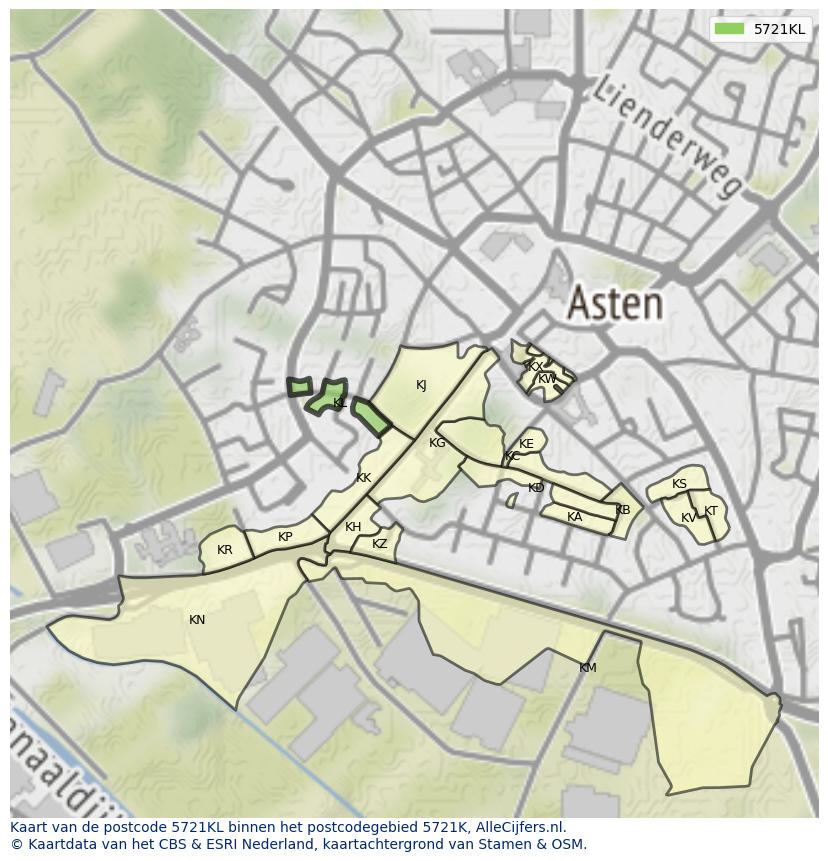 Afbeelding van het postcodegebied 5721 KL op de kaart.
