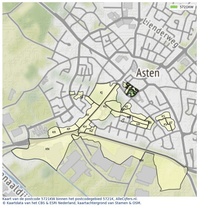 Afbeelding van het postcodegebied 5721 KW op de kaart.