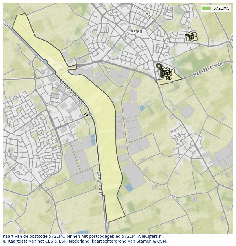 Afbeelding van het postcodegebied 5721 MC op de kaart.