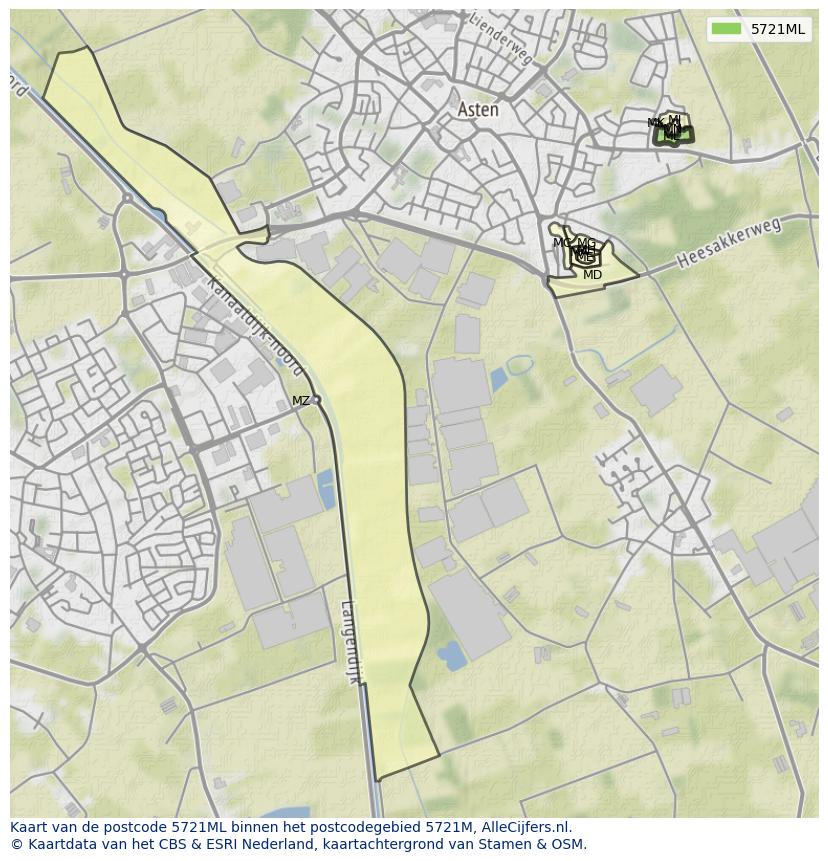 Afbeelding van het postcodegebied 5721 ML op de kaart.