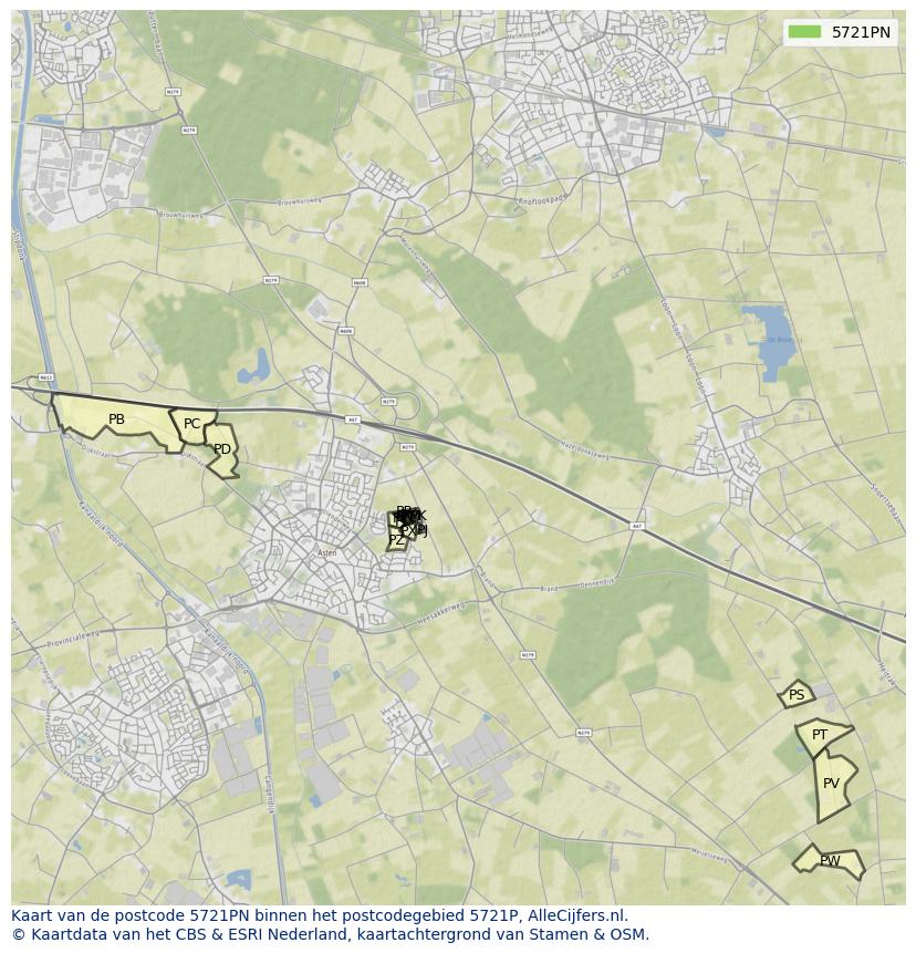 Afbeelding van het postcodegebied 5721 PN op de kaart.