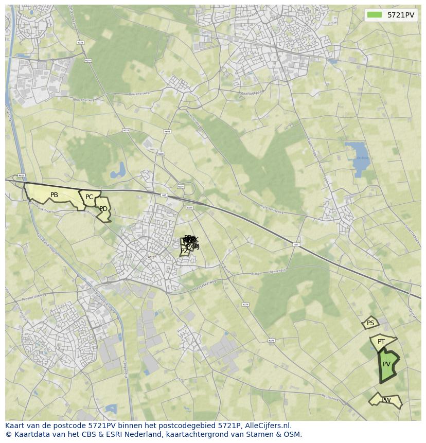 Afbeelding van het postcodegebied 5721 PV op de kaart.
