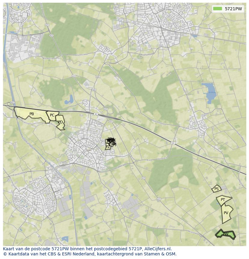 Afbeelding van het postcodegebied 5721 PW op de kaart.