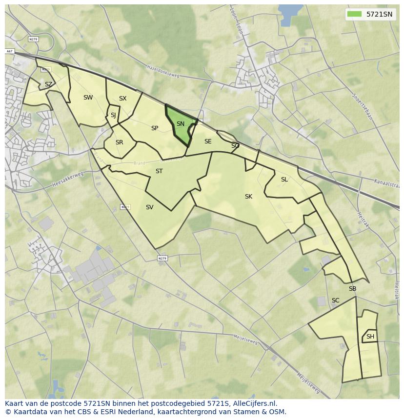 Afbeelding van het postcodegebied 5721 SN op de kaart.