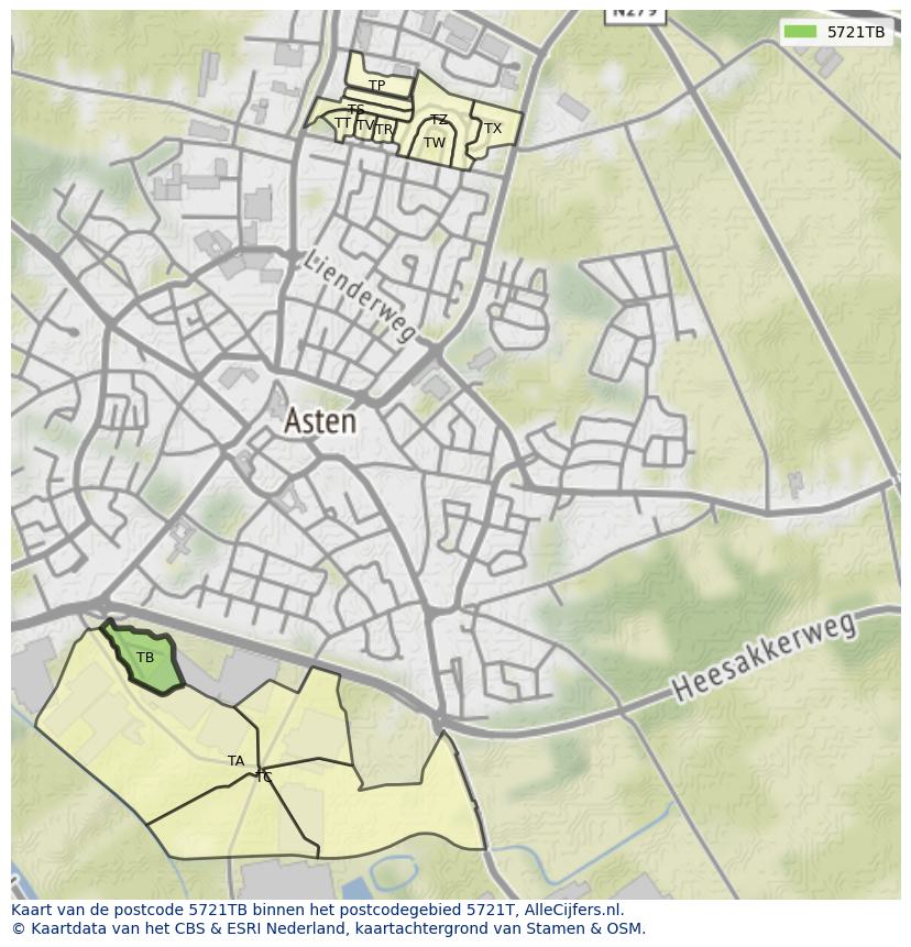 Afbeelding van het postcodegebied 5721 TB op de kaart.