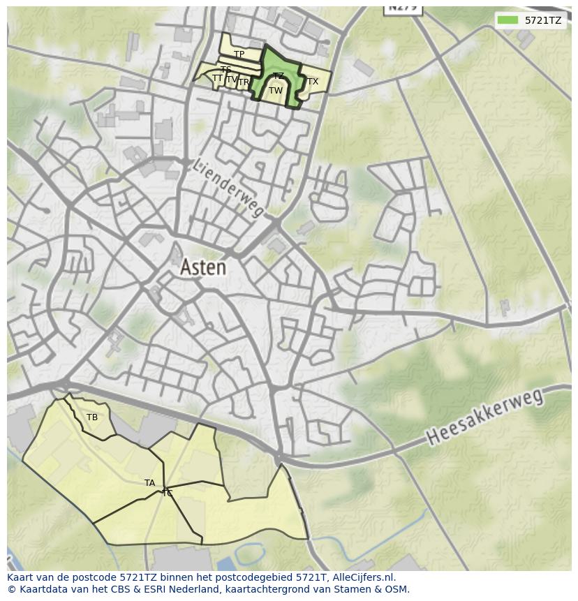 Afbeelding van het postcodegebied 5721 TZ op de kaart.