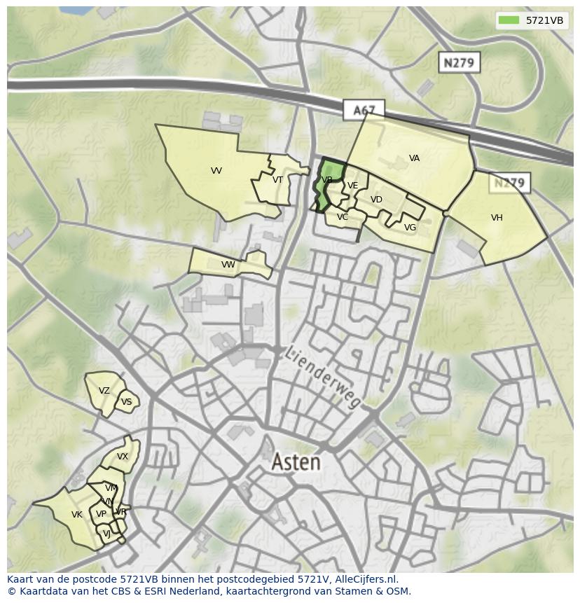 Afbeelding van het postcodegebied 5721 VB op de kaart.