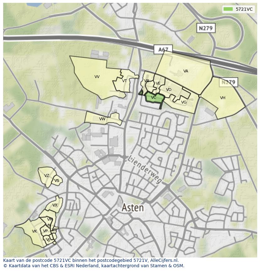 Afbeelding van het postcodegebied 5721 VC op de kaart.