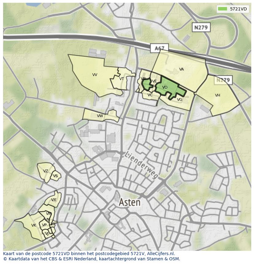 Afbeelding van het postcodegebied 5721 VD op de kaart.