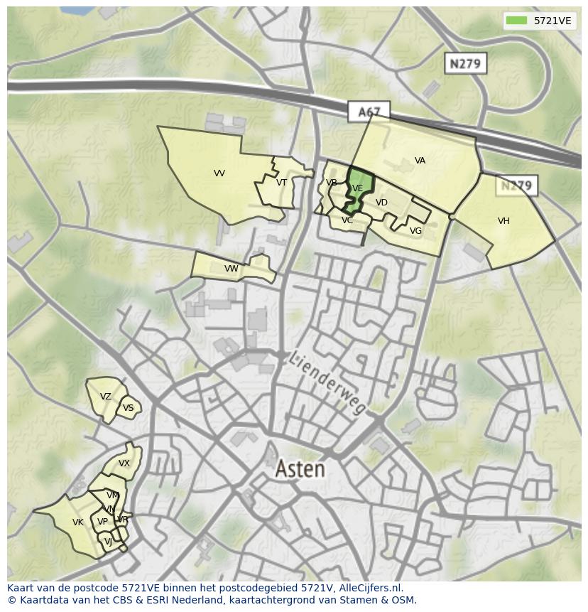 Afbeelding van het postcodegebied 5721 VE op de kaart.