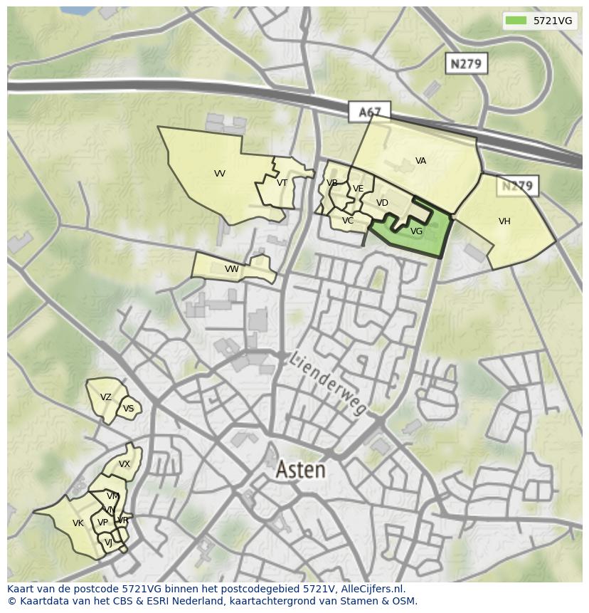Afbeelding van het postcodegebied 5721 VG op de kaart.
