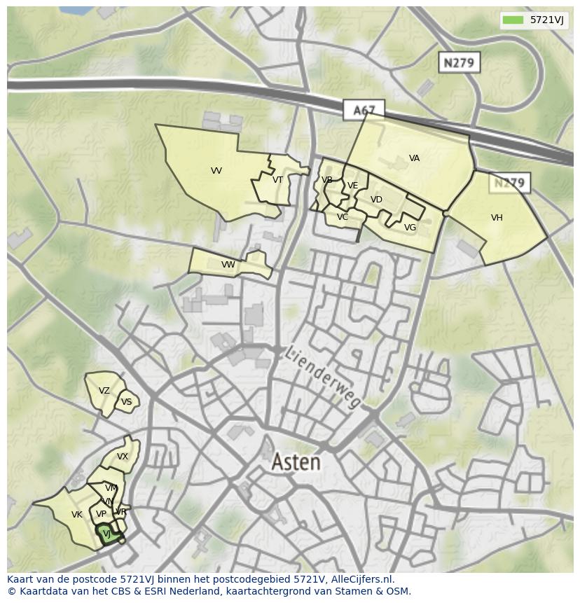 Afbeelding van het postcodegebied 5721 VJ op de kaart.