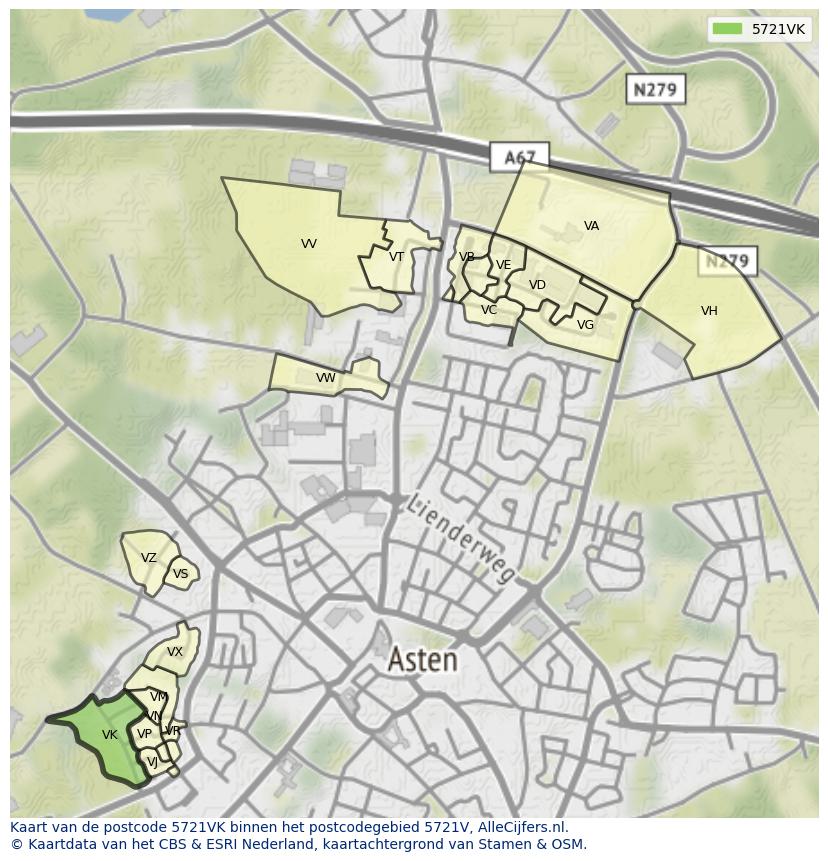 Afbeelding van het postcodegebied 5721 VK op de kaart.