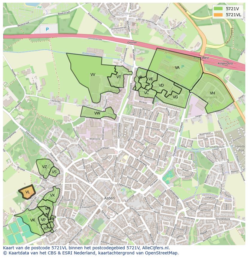 Afbeelding van het postcodegebied 5721 VL op de kaart.