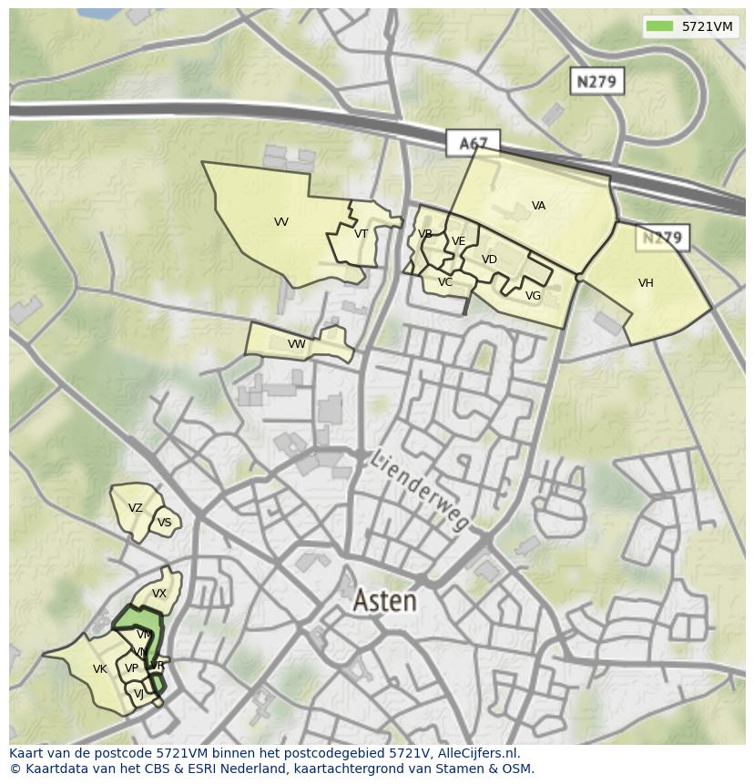 Afbeelding van het postcodegebied 5721 VM op de kaart.