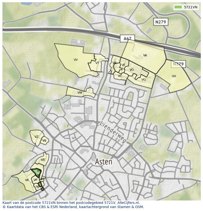 Afbeelding van het postcodegebied 5721 VN op de kaart.