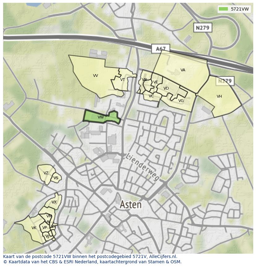 Afbeelding van het postcodegebied 5721 VW op de kaart.