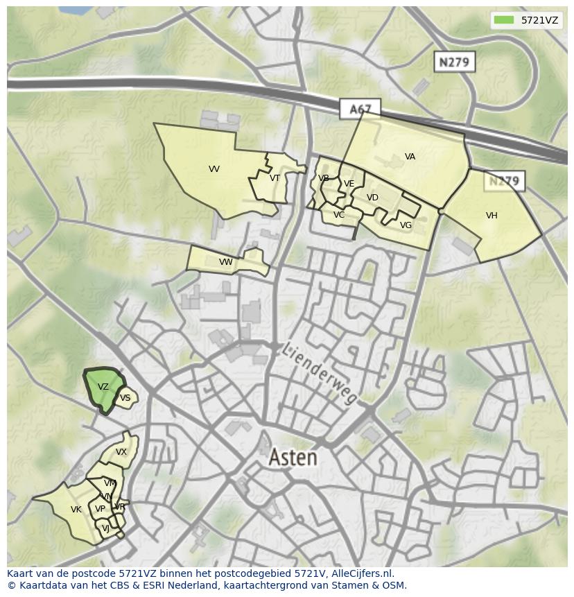 Afbeelding van het postcodegebied 5721 VZ op de kaart.