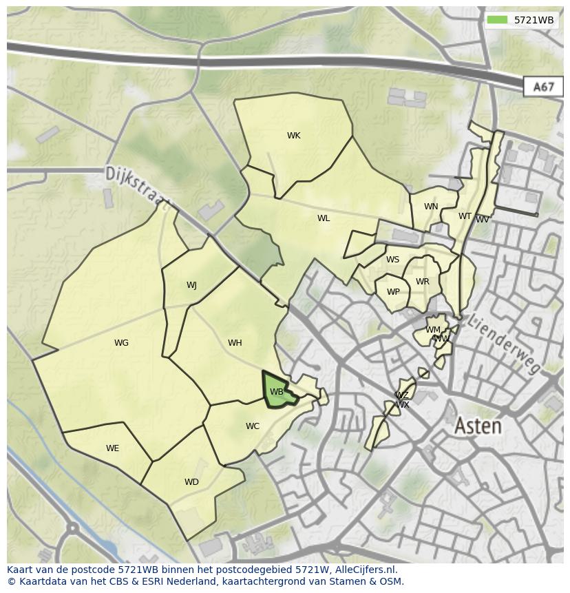 Afbeelding van het postcodegebied 5721 WB op de kaart.