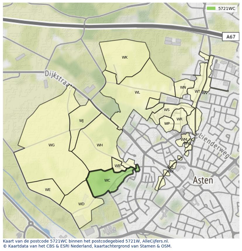 Afbeelding van het postcodegebied 5721 WC op de kaart.